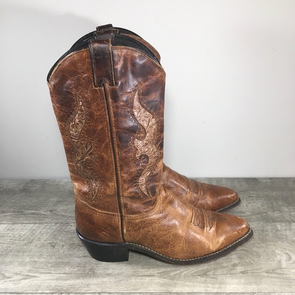 Womens Vintage Tooled Inlay Snip Toe Western Cowboy Brown Leather Boots Size 8 - Picture 1 of 11